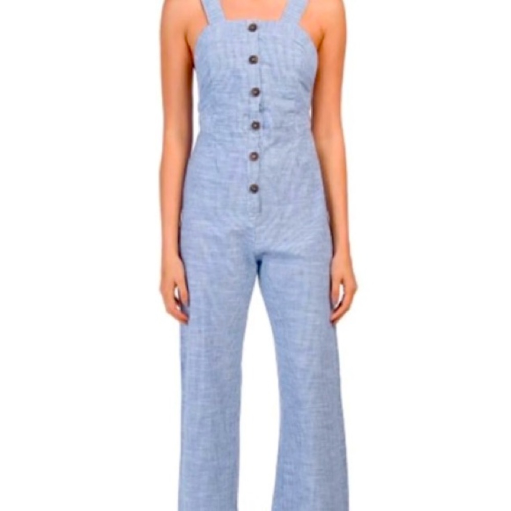Blue and white pinstripe jumpsuit, size L